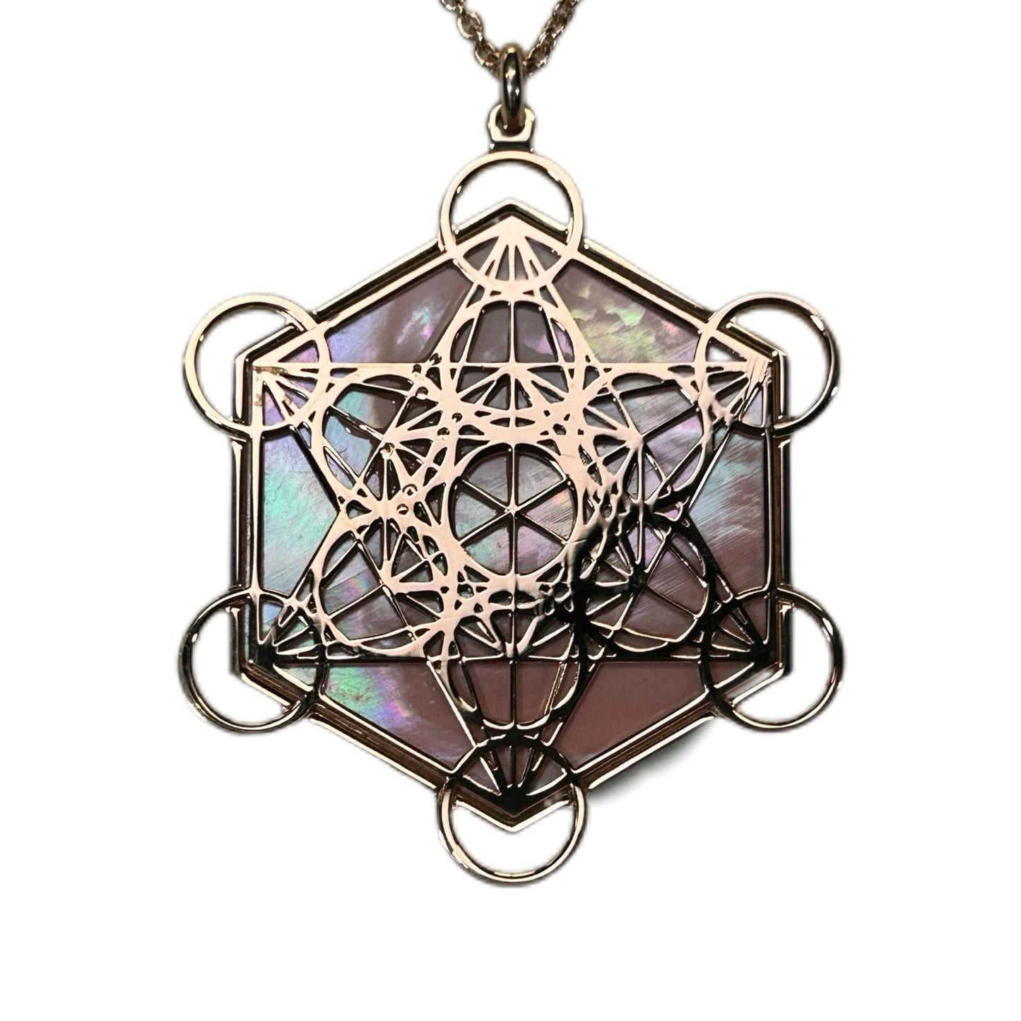 METATRON CIONDOLO ESAGONALE CON SFONDO MADREPERLA NATURALE