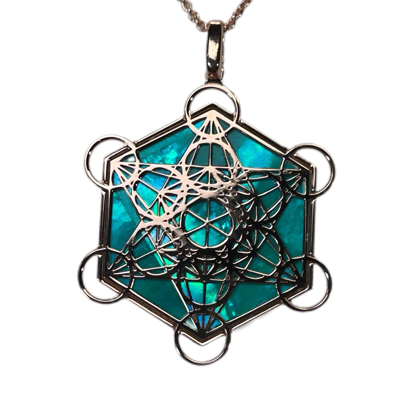 METATRON CIONDOLO ESAGONALE CON SFONDO MADREPERLA NATURALE