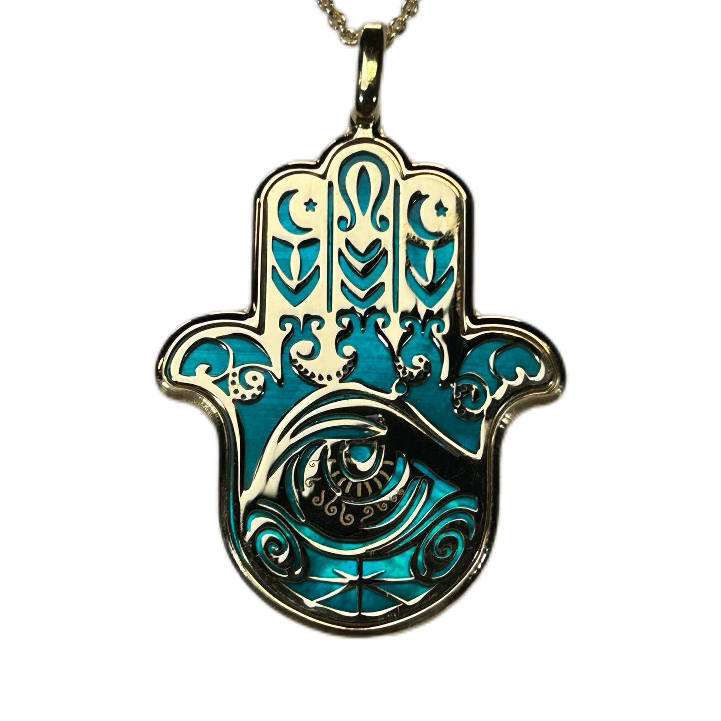 HAMSA, CIONDOLO MANO DI FATIMA O KHAMSA, CON MADREPERLA NATURALE