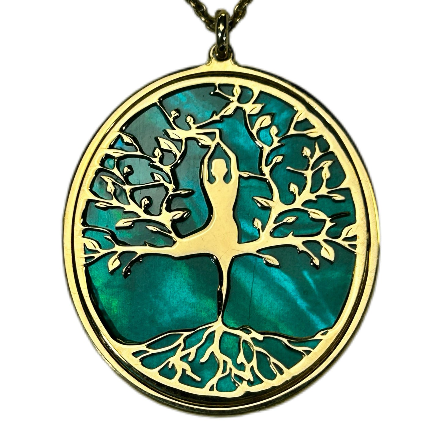 ALBERO DELLA VITA CON ASANA YOGA AL CENTRO, CIONDOLO CON SFONDO IN MADREPERLA NATURALE E CRISTALLI. GIOIELLO SPIRITUALE COMPOSTO DA PENDENTE E COLLANA, REGALO YOGA.