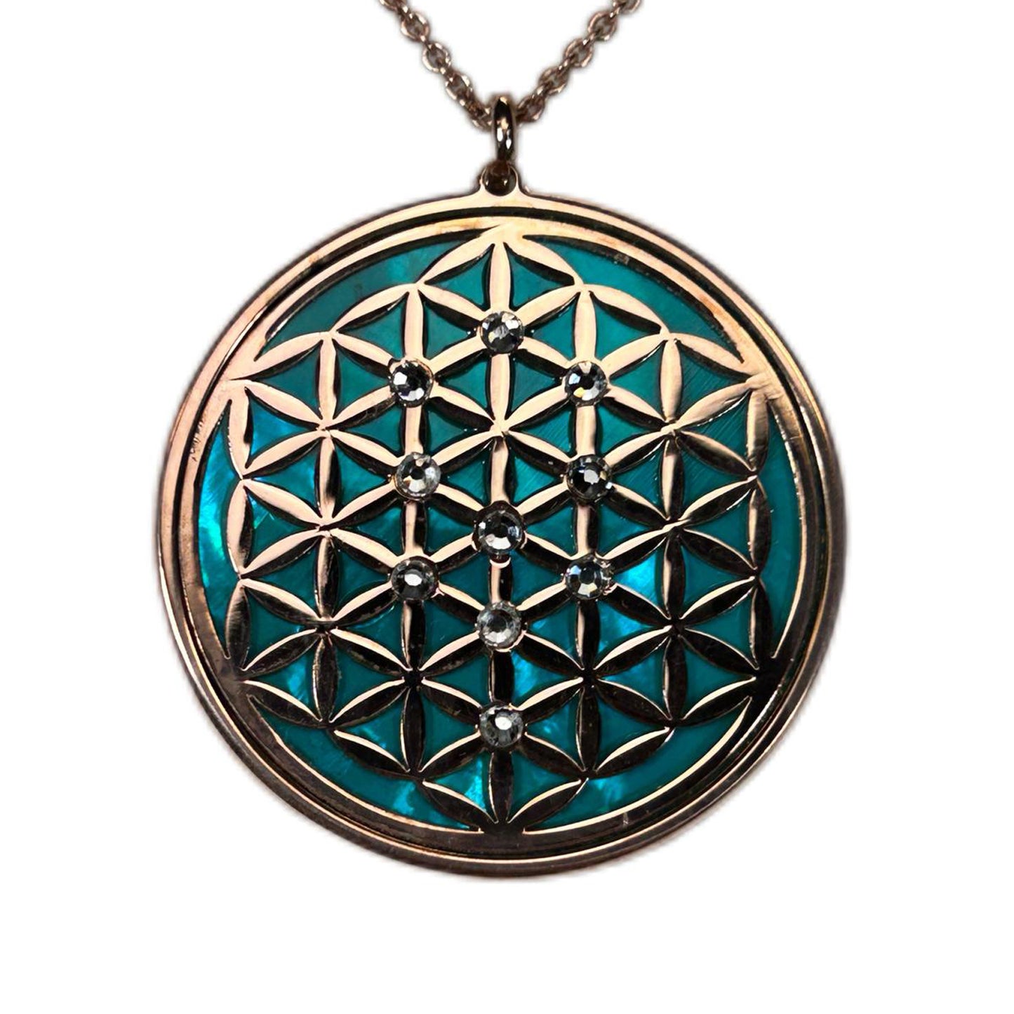 FIORE DELLA VITA, CIONDOLO CON SFONDO IN MADREPERLA NATURALE. GIOIELLO SPIRITUALE GEOMETRIE SACRE.