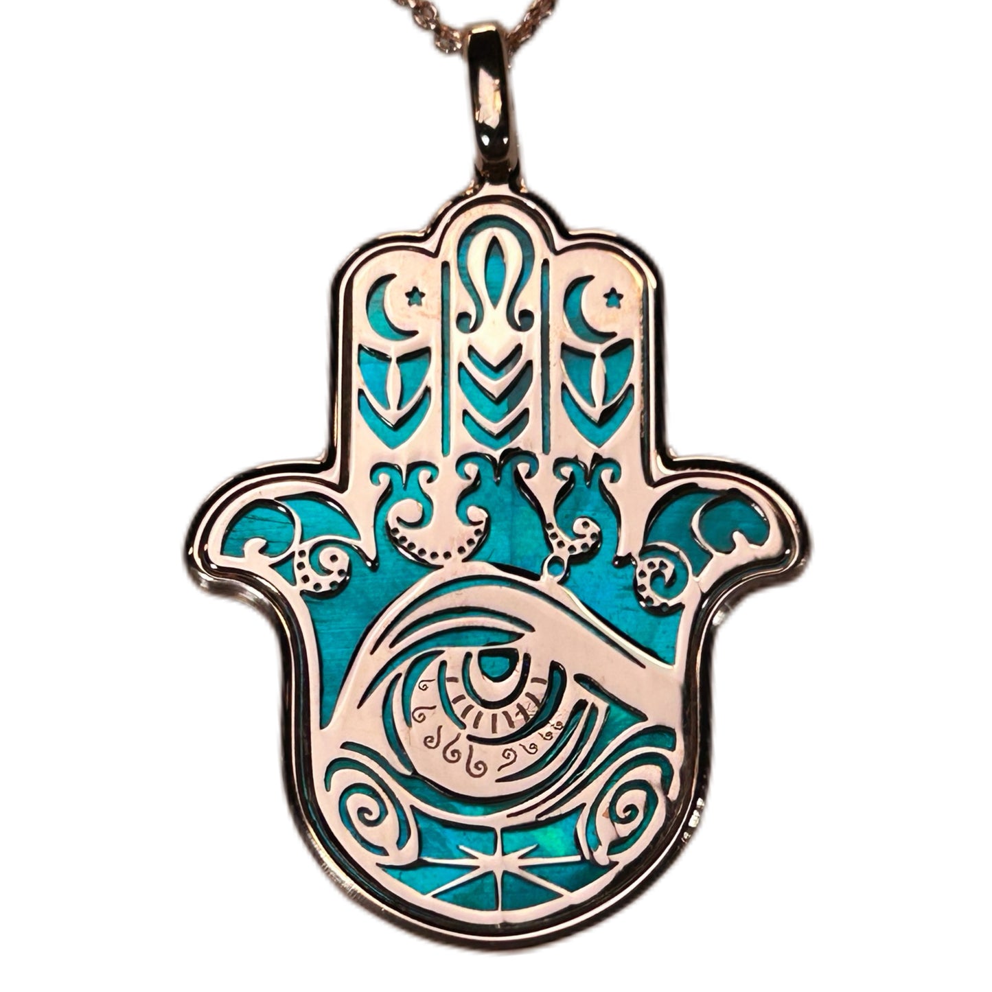 HAMSA, CIONDOLO MANO DI FATIMA O KHAMSA, CON MADREPERLA NATURALE