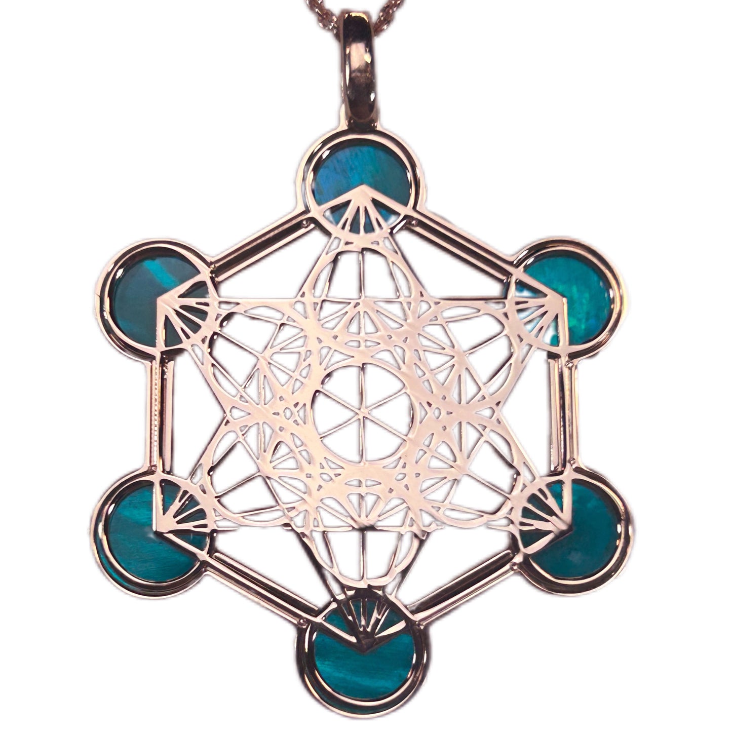 METATRON, CIONDOLO ESAGONALE TRAFORATO CON SFERE IN MADREPERLA NATURALE.