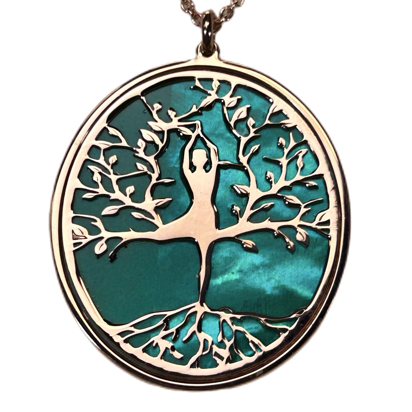 ALBERO DELLA VITA CON ASANA YOGA AL CENTRO, CIONDOLO CON SFONDO IN MADREPERLA NATURALE E CRISTALLI. GIOIELLO SPIRITUALE COMPOSTO DA PENDENTE E COLLANA, REGALO YOGA.