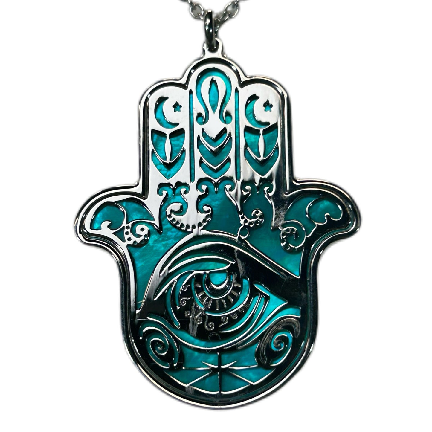 HAMSA, CIONDOLO MANO DI FATIMA O KHAMSA, CON MADREPERLA NATURALE