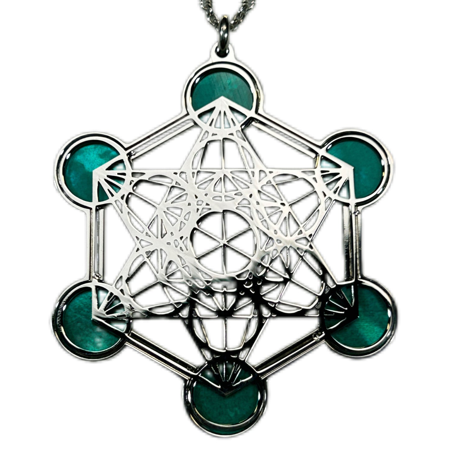 METATRON, CIONDOLO ESAGONALE TRAFORATO CON SFERE IN MADREPERLA NATURALE.