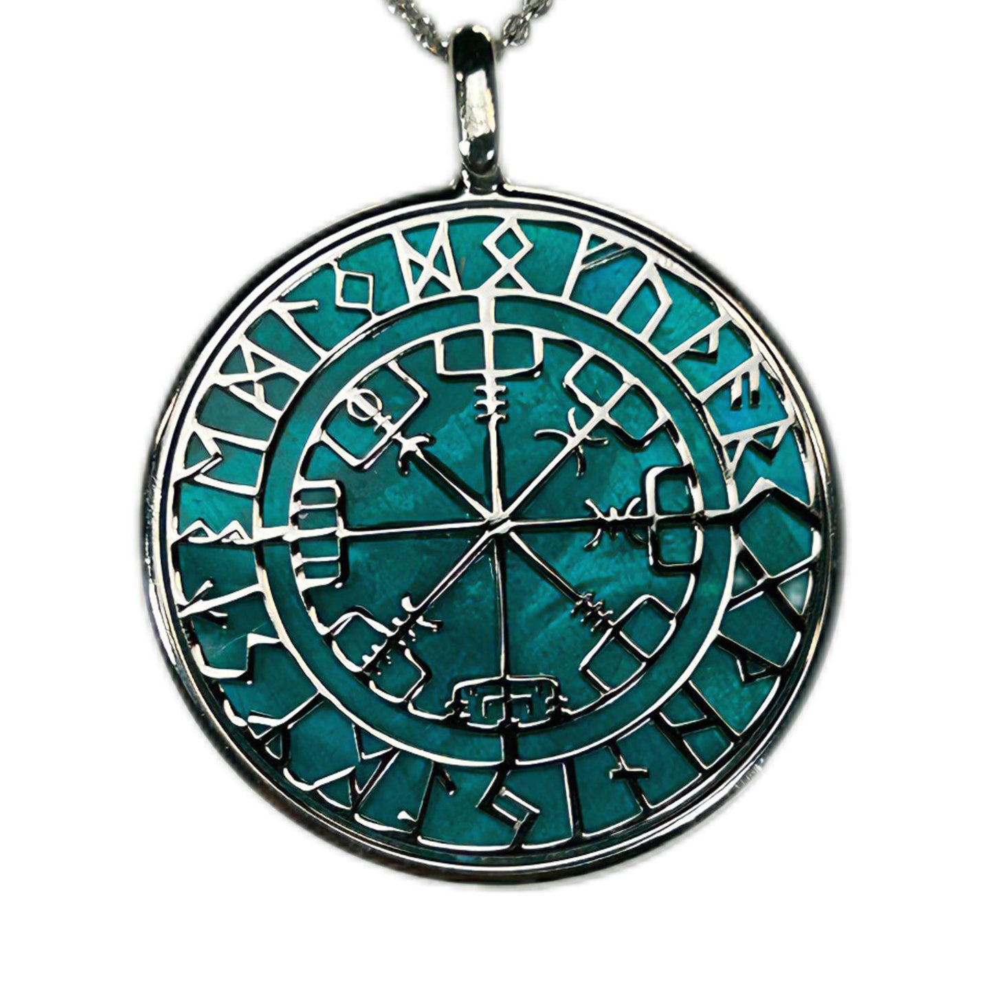COMPASSO RUNICO O VEGVISIR, CIONDOLO CON SFONDO IN MADREPERLA NATURALE. GIOIELLO CELTICO, STILE GOTICO CON RUNE.