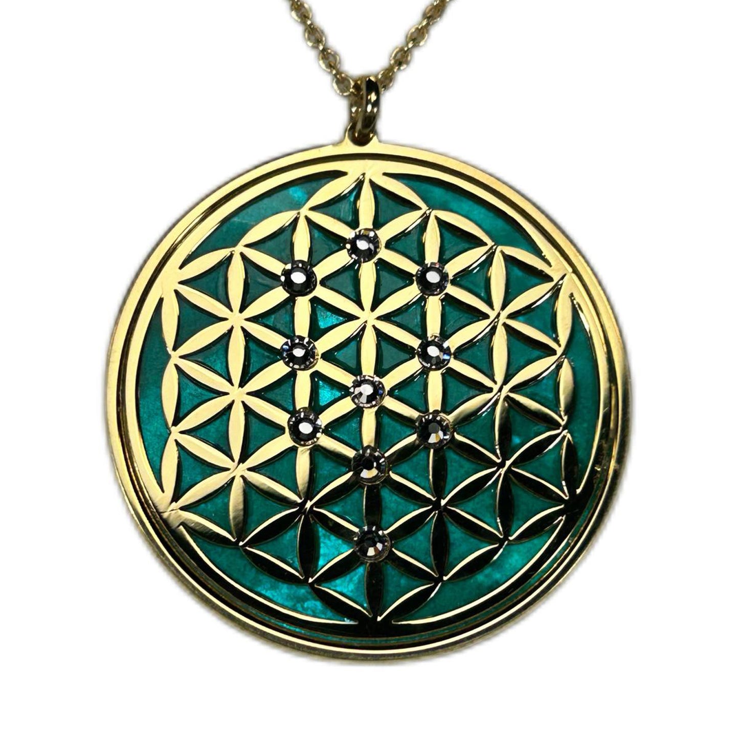 FIORE DELLA VITA, CIONDOLO CON SFONDO IN MADREPERLA NATURALE. GIOIELLO SPIRITUALE GEOMETRIE SACRE.