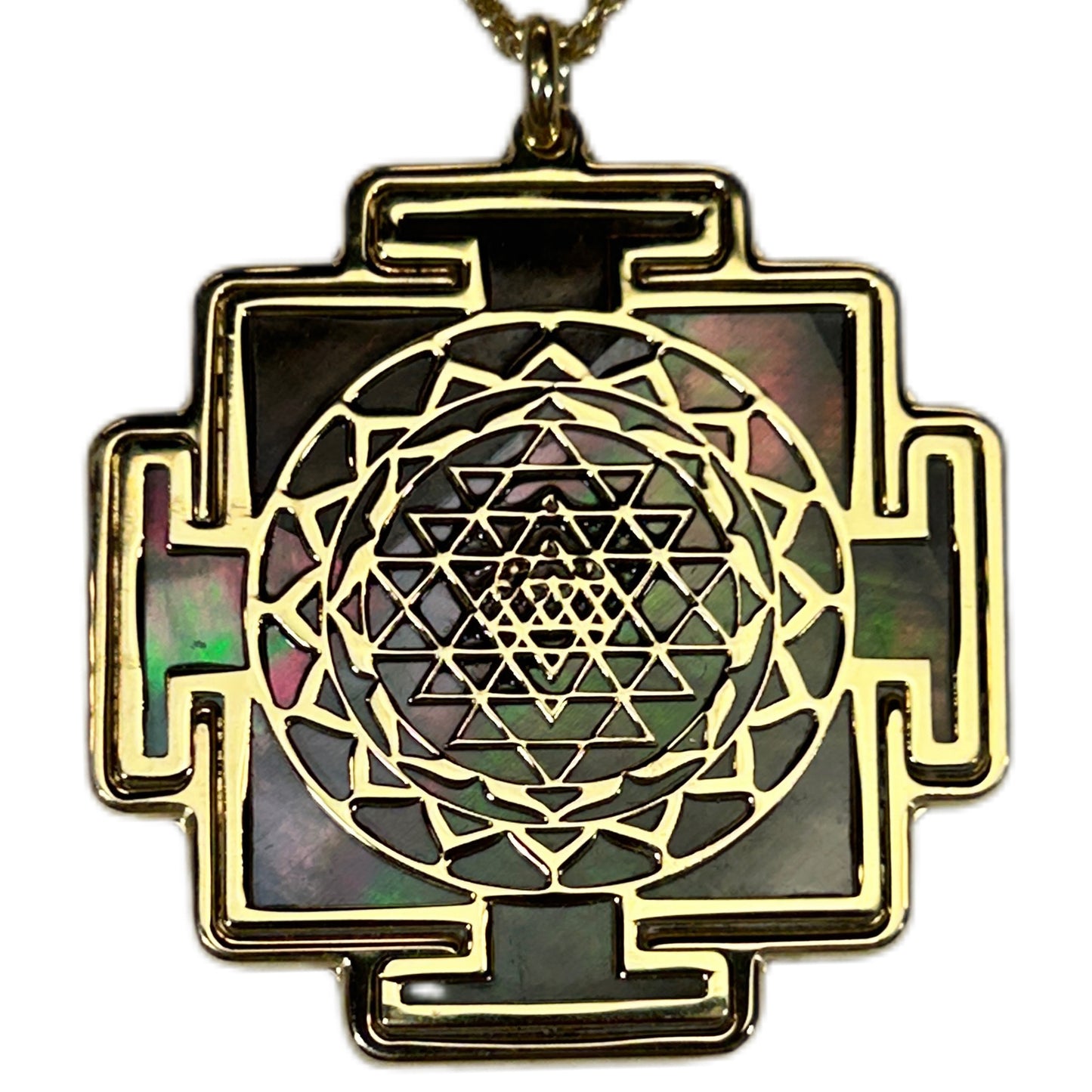 SRI YANTRA, CIONDOLO A FORMA QUADRATA CON SFONDO IN MADREPERLA NATURALE.