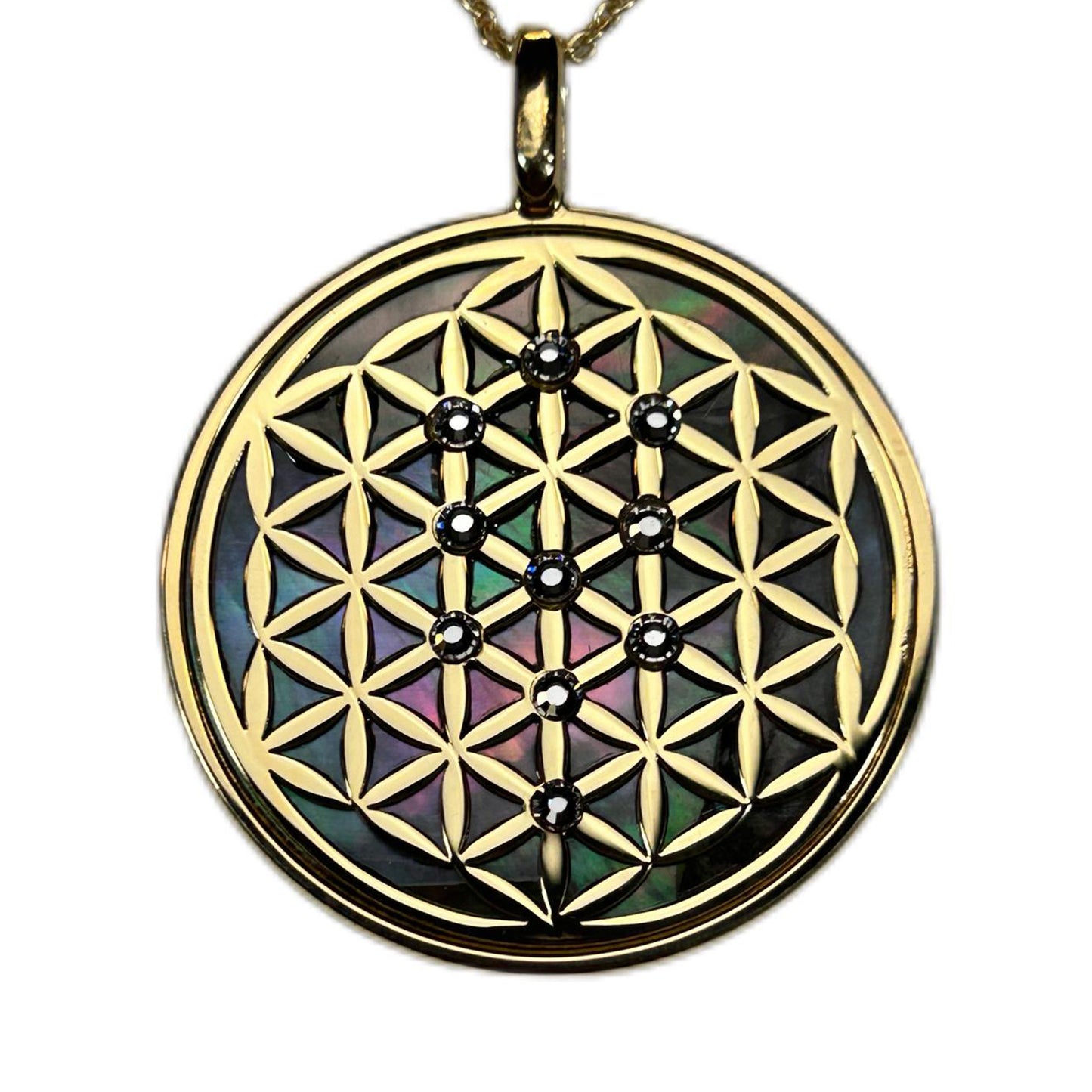 FIORE DELLA VITA, CIONDOLO CON SFONDO IN MADREPERLA NATURALE. GIOIELLO SPIRITUALE GEOMETRIE SACRE.