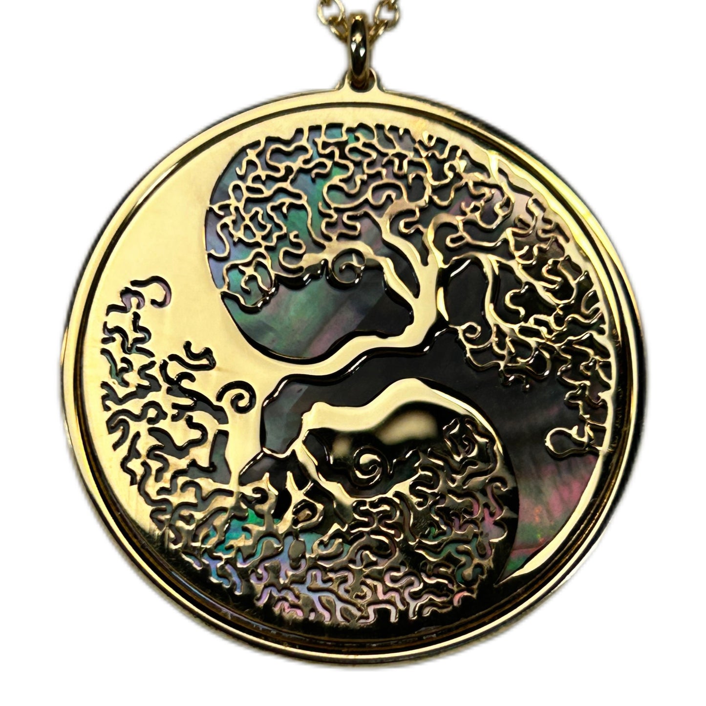 TAO YIN/YANG, CIONDOLO CON SFONDO IN MADREPERLA NATURALE.