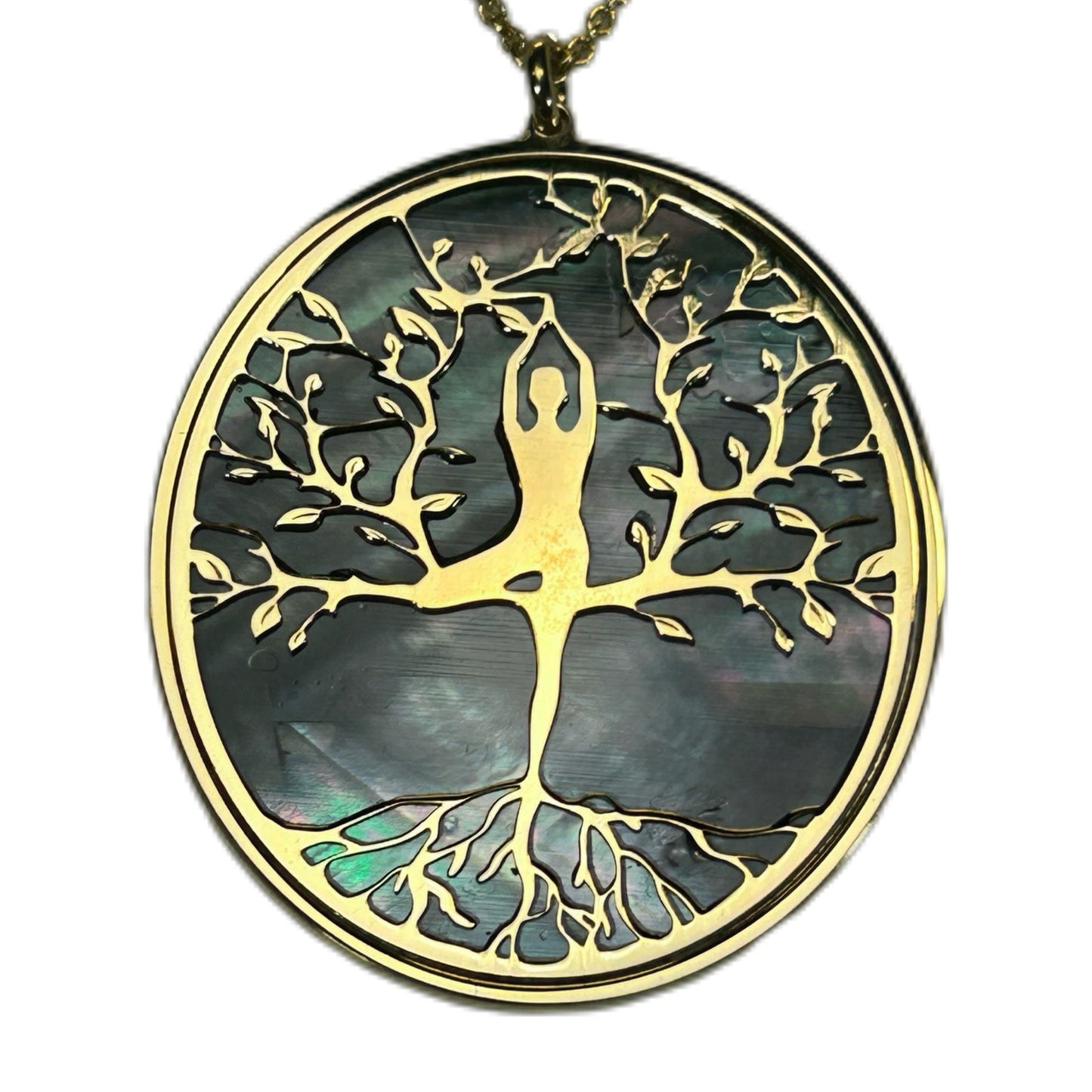 ALBERO DELLA VITA CON ASANA YOGA AL CENTRO, CIONDOLO CON SFONDO IN MADREPERLA NATURALE E CRISTALLI. GIOIELLO SPIRITUALE COMPOSTO DA PENDENTE E COLLANA, REGALO YOGA.