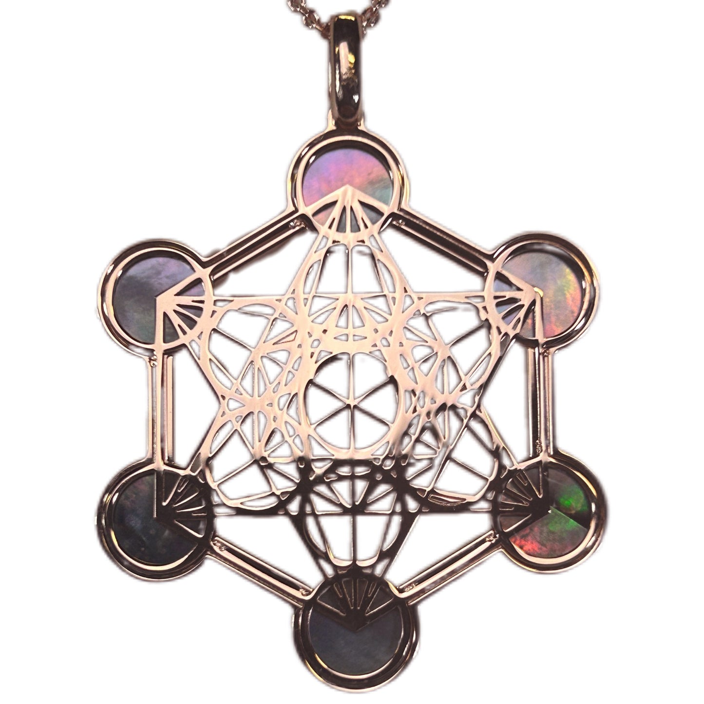 METATRON, CIONDOLO ESAGONALE TRAFORATO CON SFERE IN MADREPERLA NATURALE.