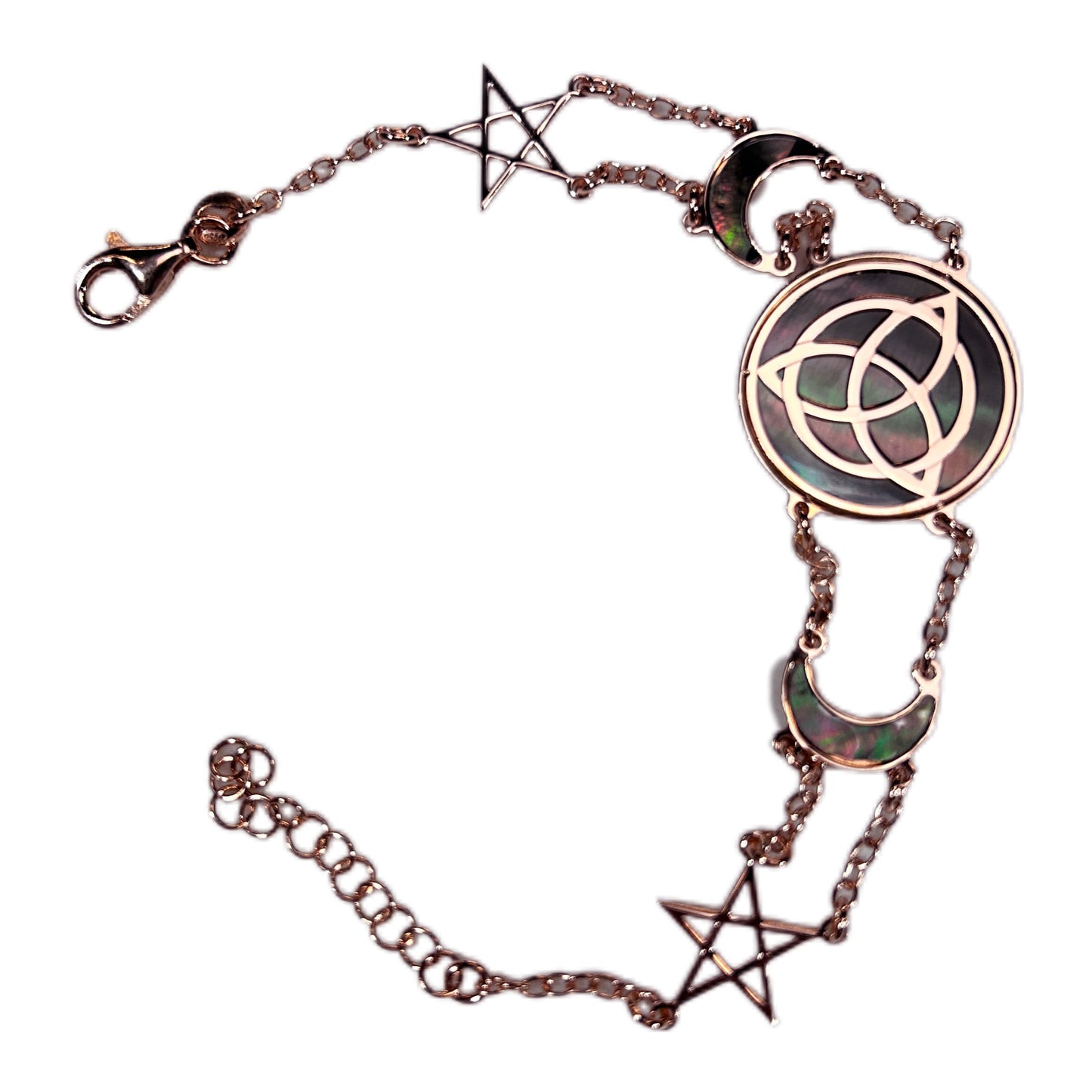 WICCA, BRACCIALE CON SFONDO IN MADREPERLA NATURALE E TRIQUETRA AL CENTRO.