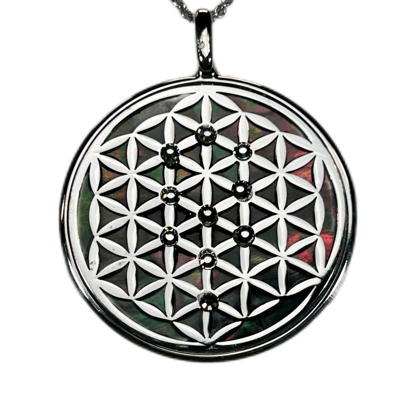 FIORE DELLA VITA, CIONDOLO CON SFONDO IN MADREPERLA NATURALE. GIOIELLO SPIRITUALE GEOMETRIE SACRE.