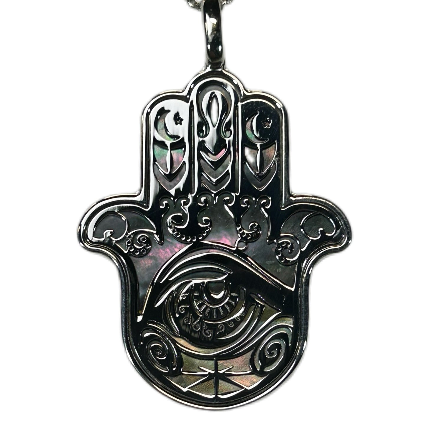 HAMSA, CIONDOLO MANO DI FATIMA O KHAMSA, CON MADREPERLA NATURALE