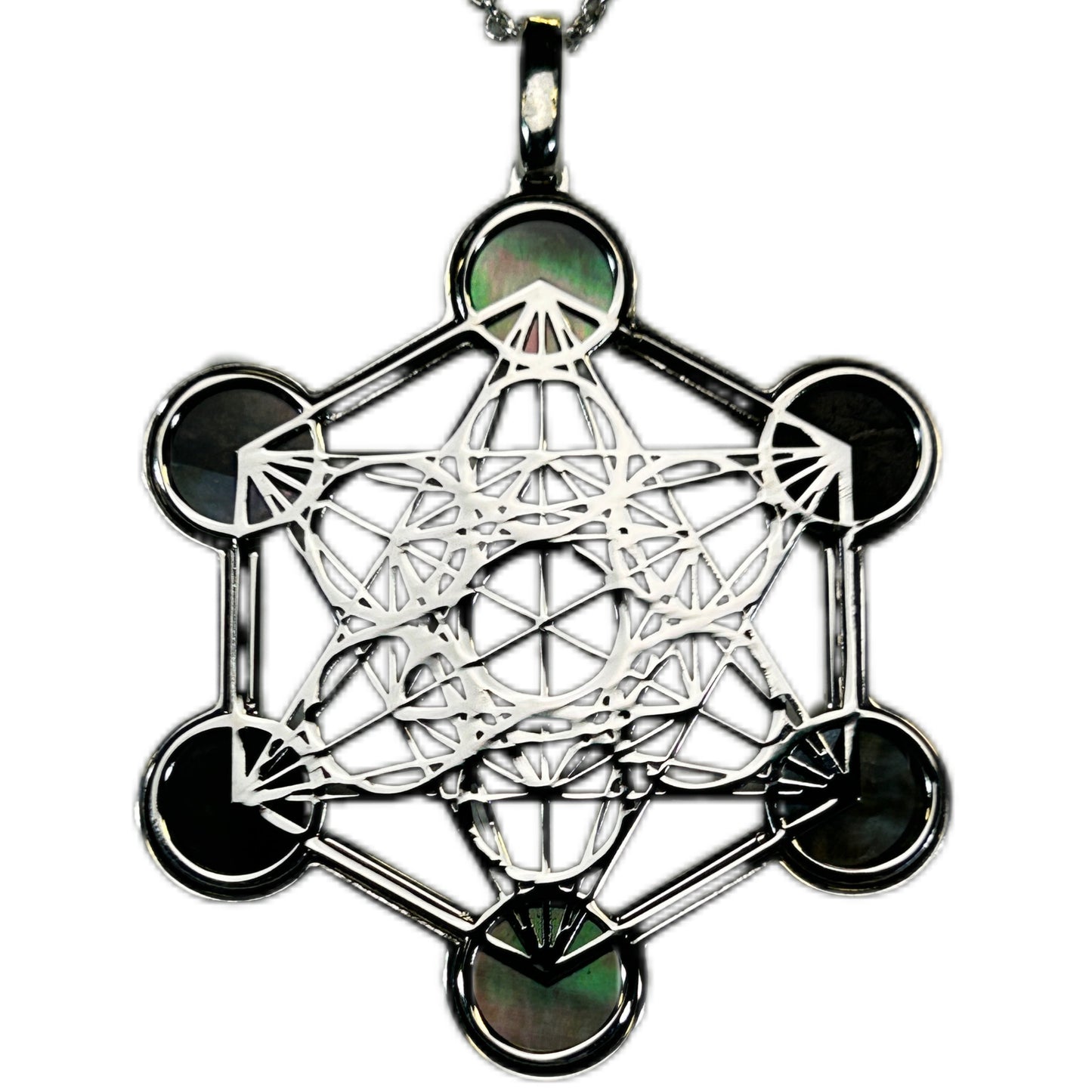 METATRON, CIONDOLO ESAGONALE TRAFORATO CON SFERE IN MADREPERLA NATURALE.