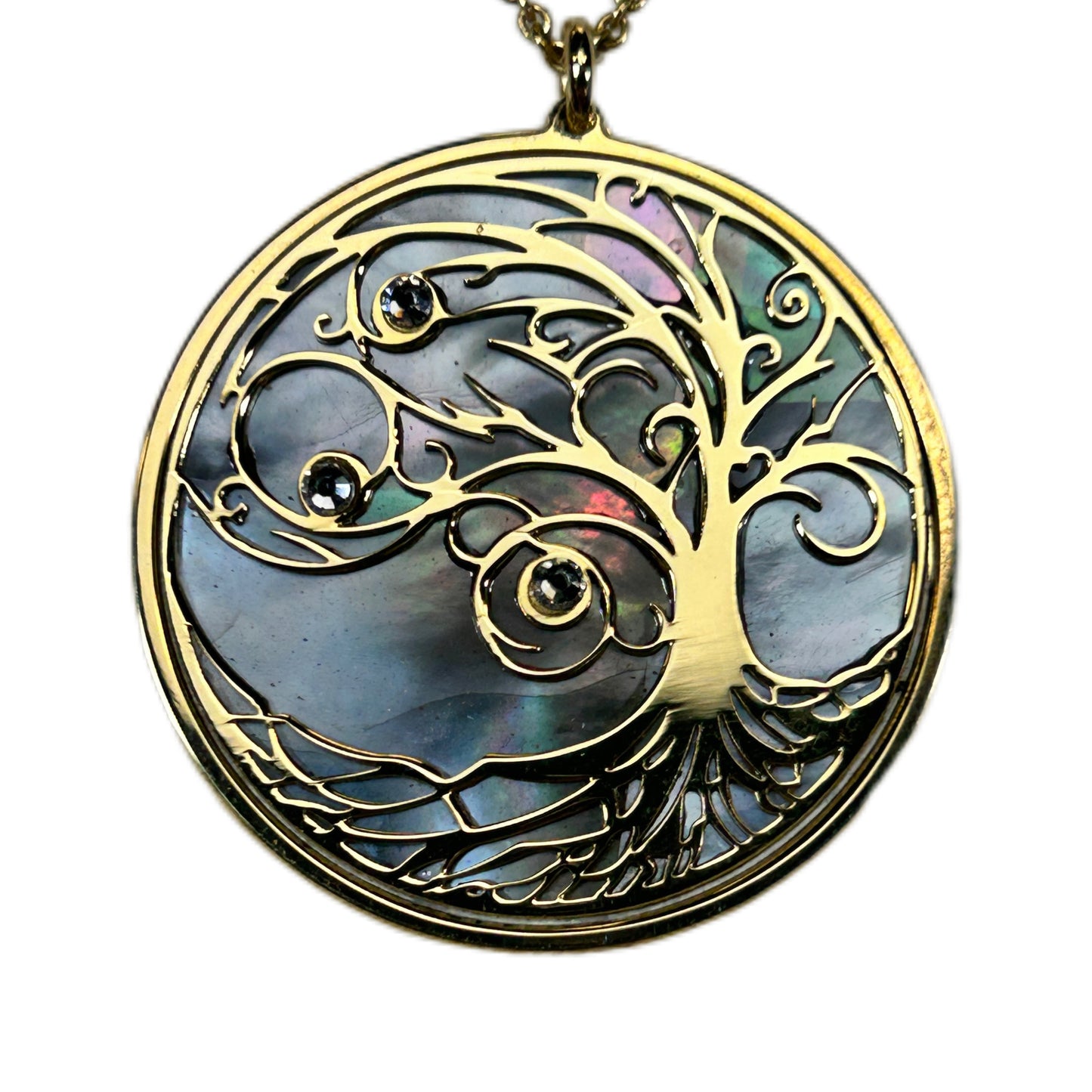 ALBERO DELLA VITA, CIONDOLO CON SFONDO IN MADREPERLA NATURALE E CRISTALLI. GIOIELLO SPIRITUALE COMPOSTO DA PENDENTE E COLLANA.