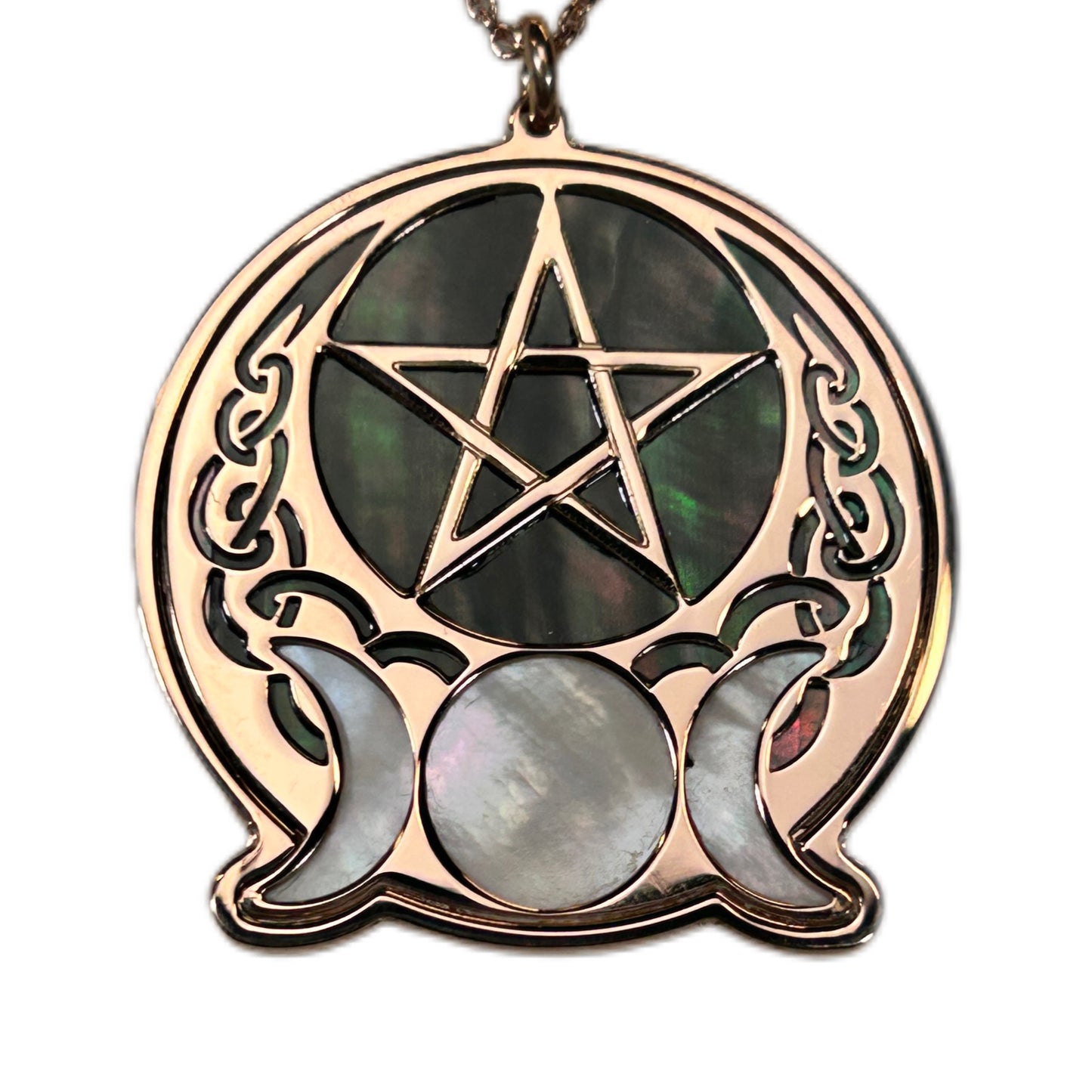WICCA TRIQUETRA CON PENTACOLO, CIONDOLO CON MADREPERLA LUMINESCENTE.