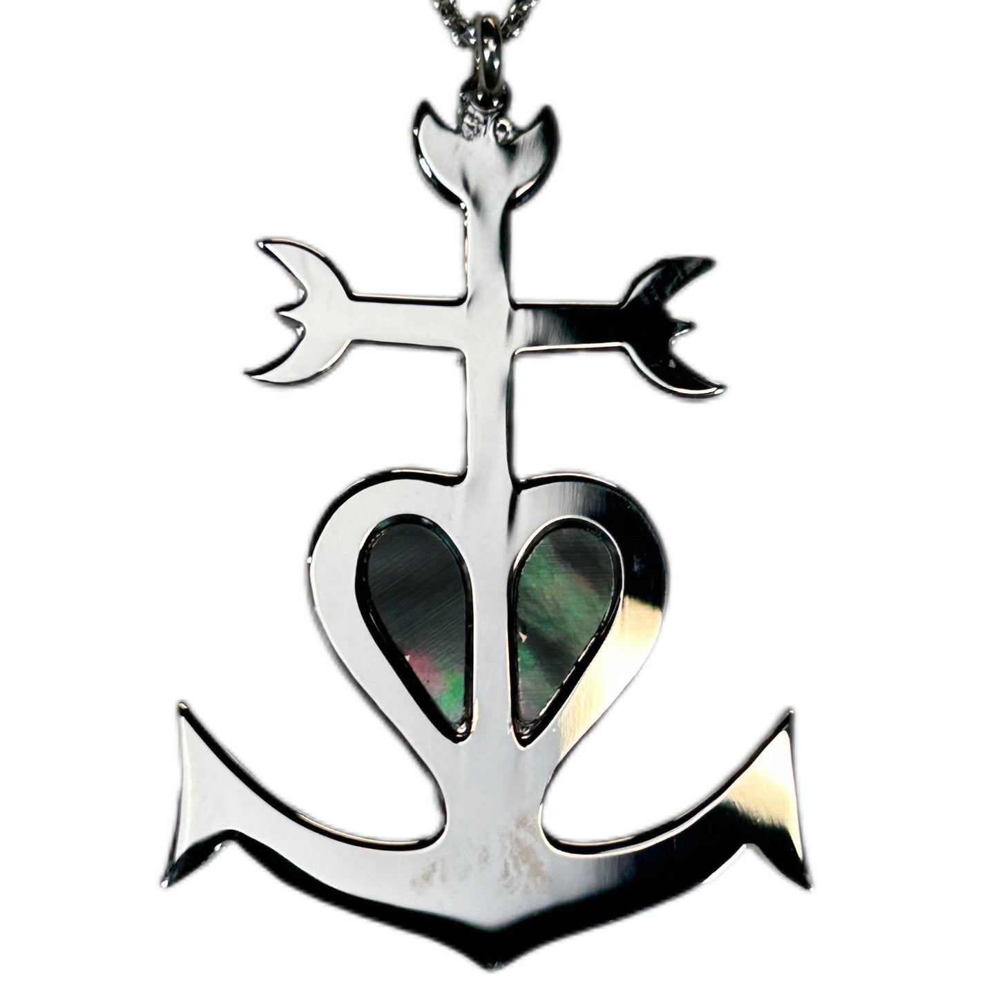 CROCE DELLA CAMARGUE, CON SFONDO IN MADREPERLA, CROCE GITANA CON ANCORA E CUORE.
