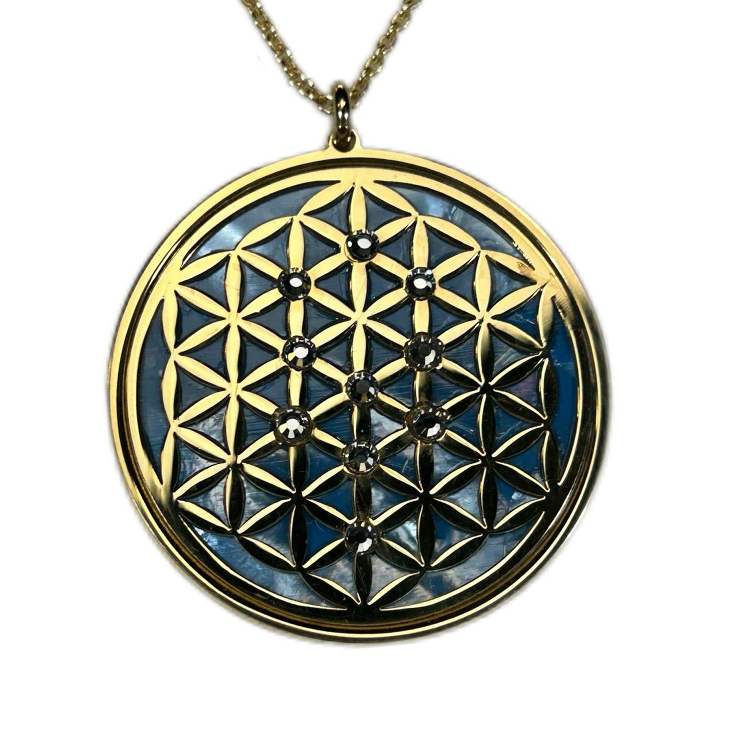 FIORE DELLA VITA, CIONDOLO CON SFONDO IN MADREPERLA NATURALE. GIOIELLO SPIRITUALE GEOMETRIE SACRE.