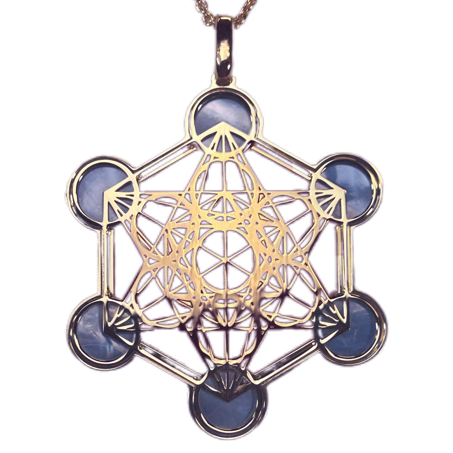 METATRON, CIONDOLO ESAGONALE TRAFORATO CON SFERE IN MADREPERLA NATURALE.