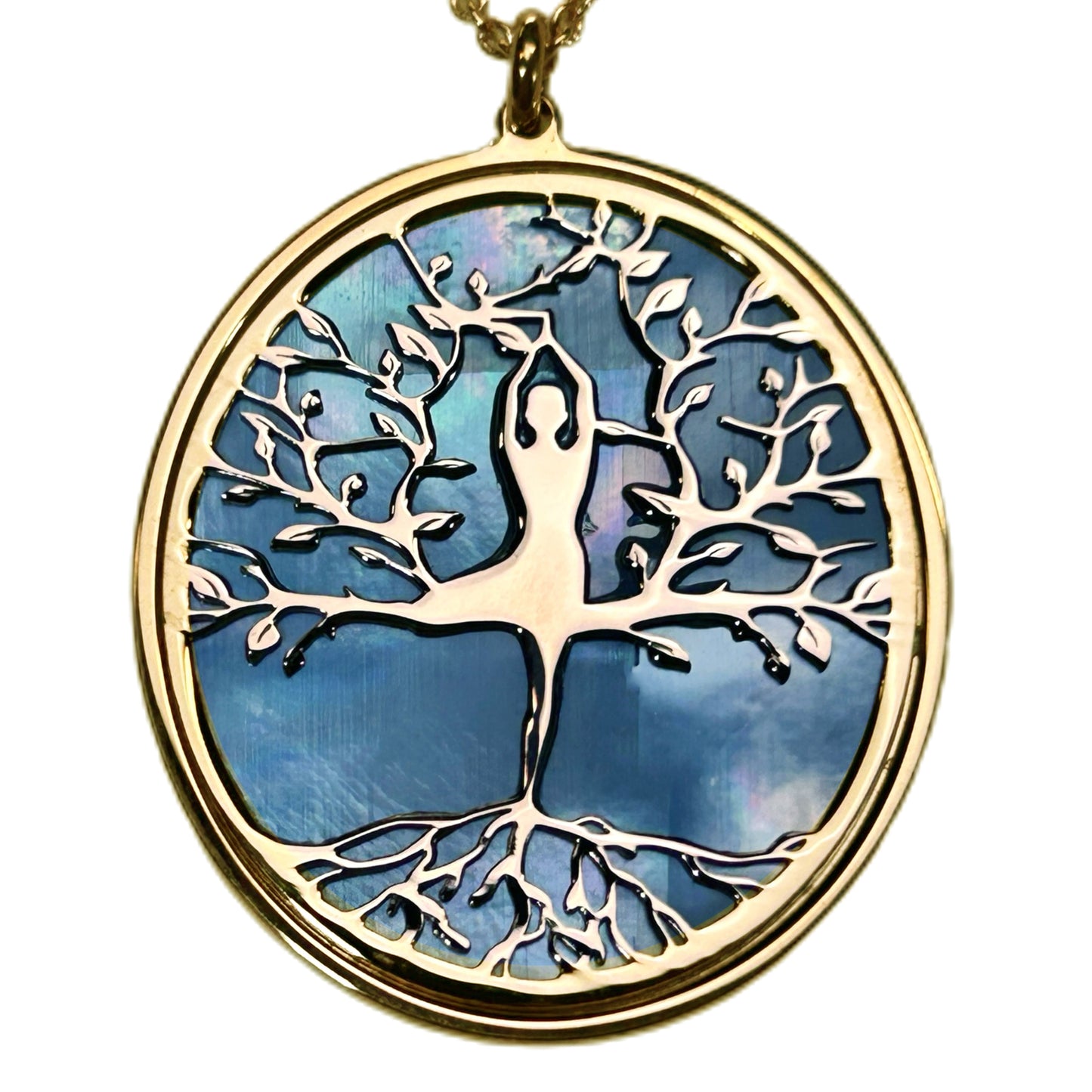 ALBERO DELLA VITA CON ASANA YOGA AL CENTRO, CIONDOLO CON SFONDO IN MADREPERLA NATURALE E CRISTALLI. GIOIELLO SPIRITUALE COMPOSTO DA PENDENTE E COLLANA, REGALO YOGA.