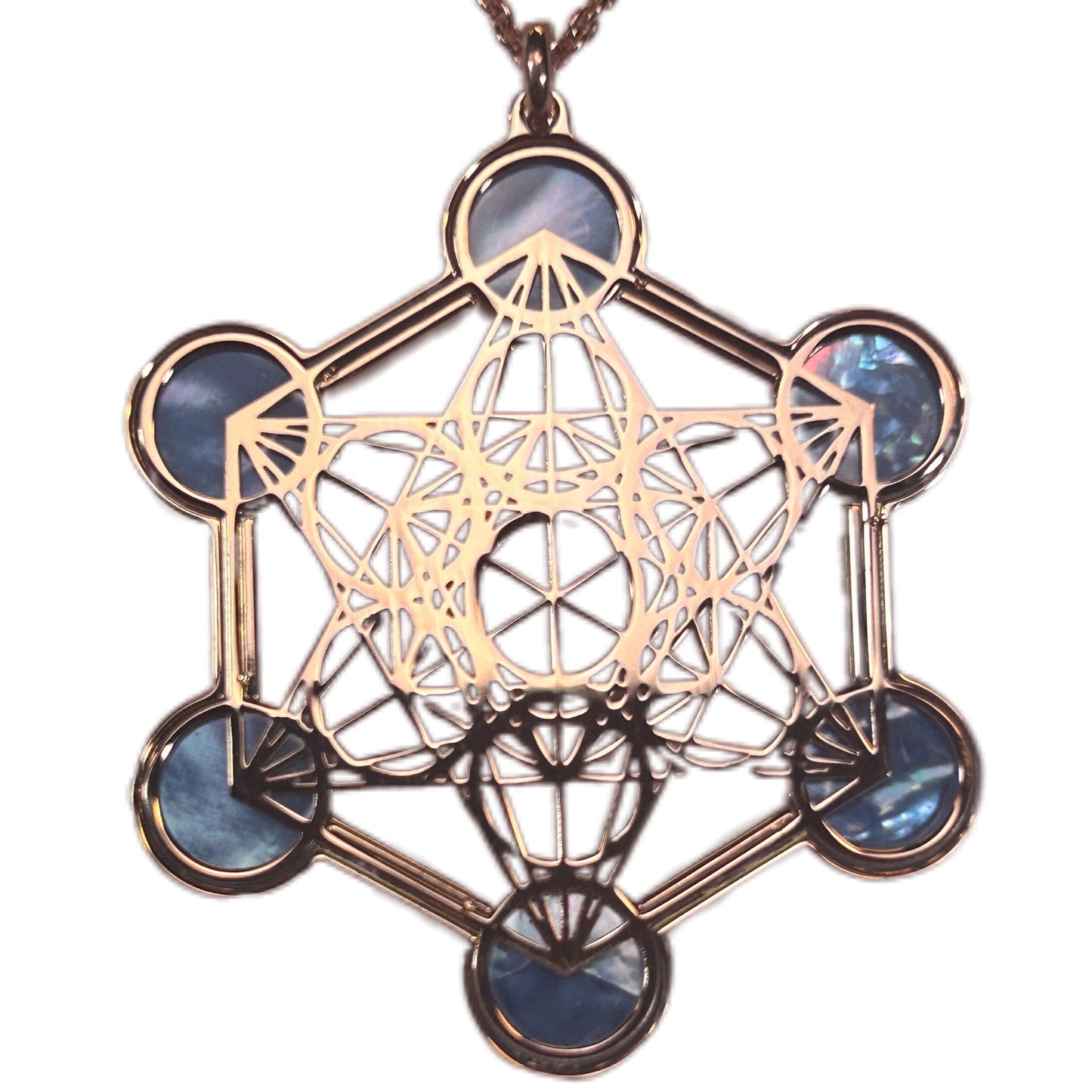 METATRON, CIONDOLO ESAGONALE TRAFORATO CON SFERE IN MADREPERLA NATURALE.