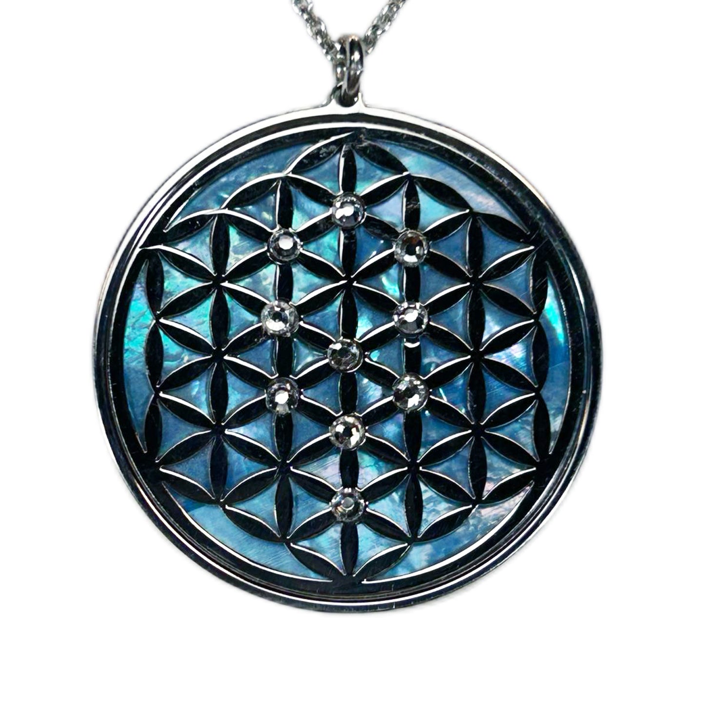 FIORE DELLA VITA, CIONDOLO CON SFONDO IN MADREPERLA NATURALE. GIOIELLO SPIRITUALE GEOMETRIE SACRE.
