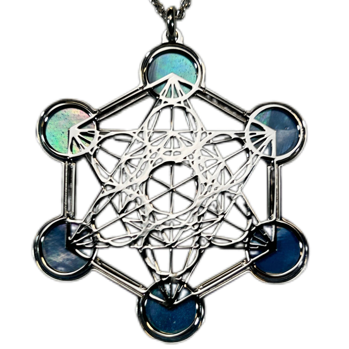 METATRON, CIONDOLO ESAGONALE TRAFORATO CON SFERE IN MADREPERLA NATURALE.