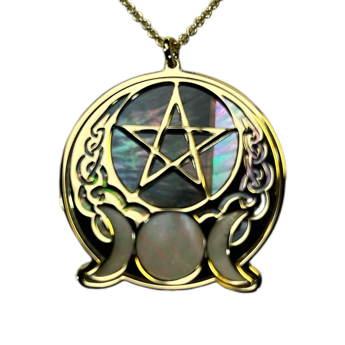WICCA TRIQUETRA CON PENTACOLO, CIONDOLO CON MADREPERLA LUMINESCENTE.