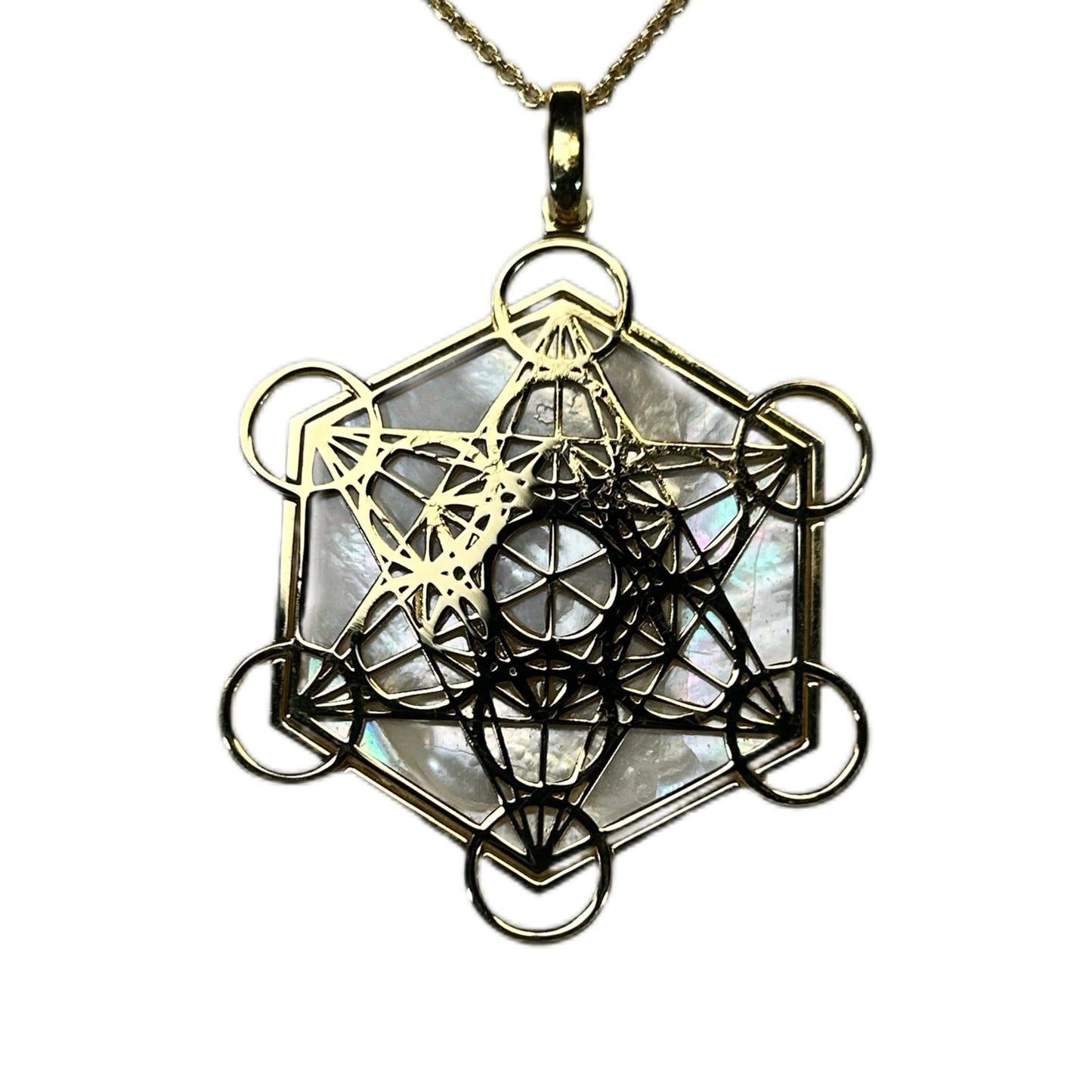 METATRON CIONDOLO ESAGONALE CON SFONDO MADREPERLA NATURALE