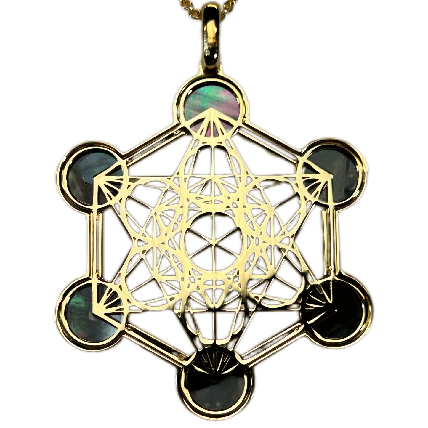 METATRON, CIONDOLO ESAGONALE TRAFORATO CON SFERE IN MADREPERLA NATURALE.
