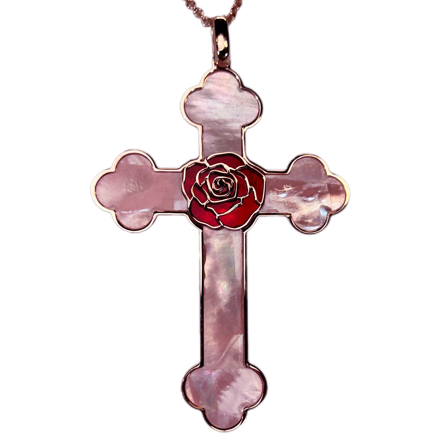 ROSA CROCE, SIMBOLO DEL MISTICO ORDINE, CON SFONDO IN MADREPERLA NATURALE.