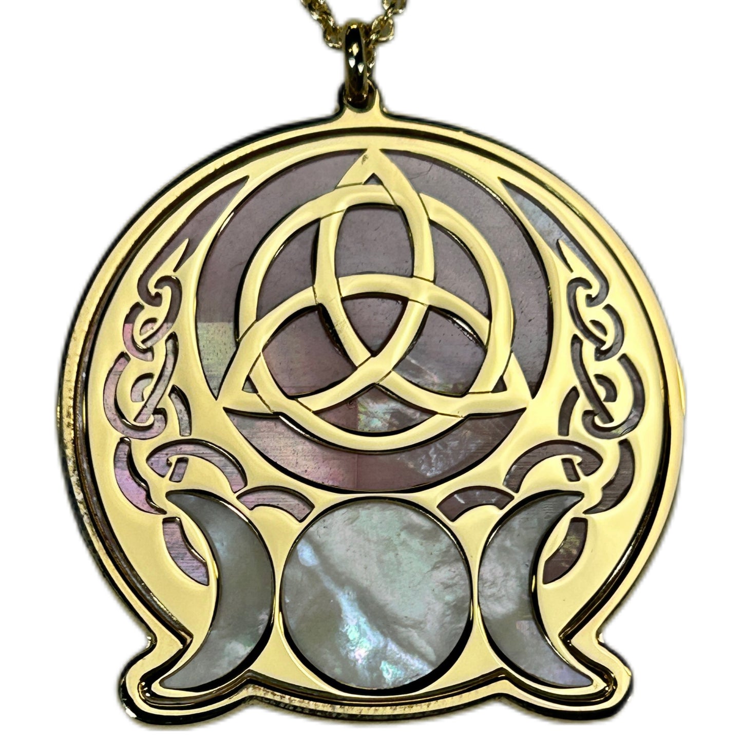 WICCA TRIQUETRA, CIONDOLO CON SFONDO IN MADREPERLA E TRIQUETRA AL CENTRO.