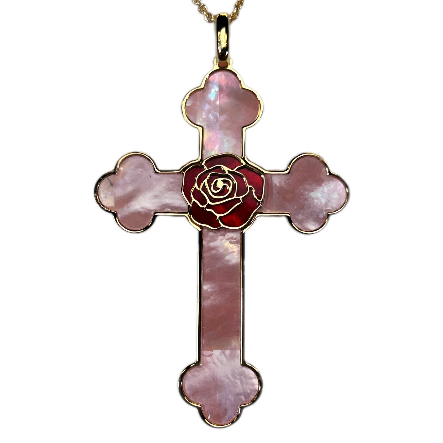 ROSA CROCE, SIMBOLO DEL MISTICO ORDINE, CON SFONDO IN MADREPERLA NATURALE.