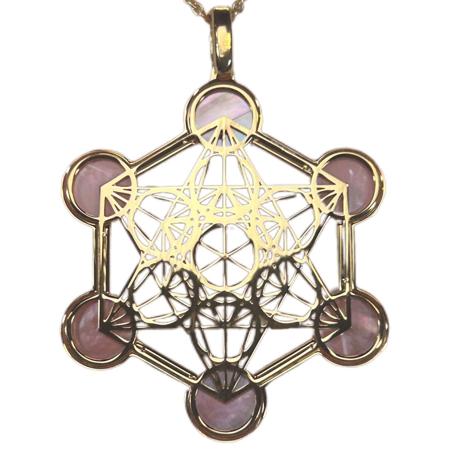 METATRON, CIONDOLO ESAGONALE TRAFORATO CON SFERE IN MADREPERLA NATURALE.