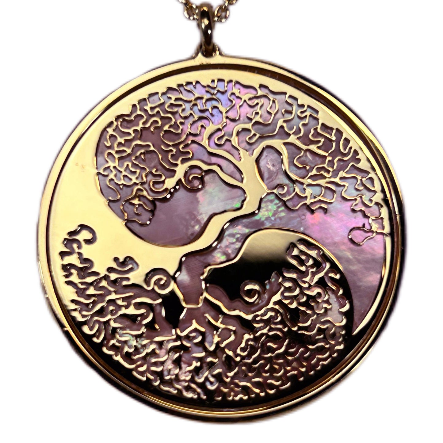 TAO YIN/YANG, CIONDOLO CON SFONDO IN MADREPERLA NATURALE.