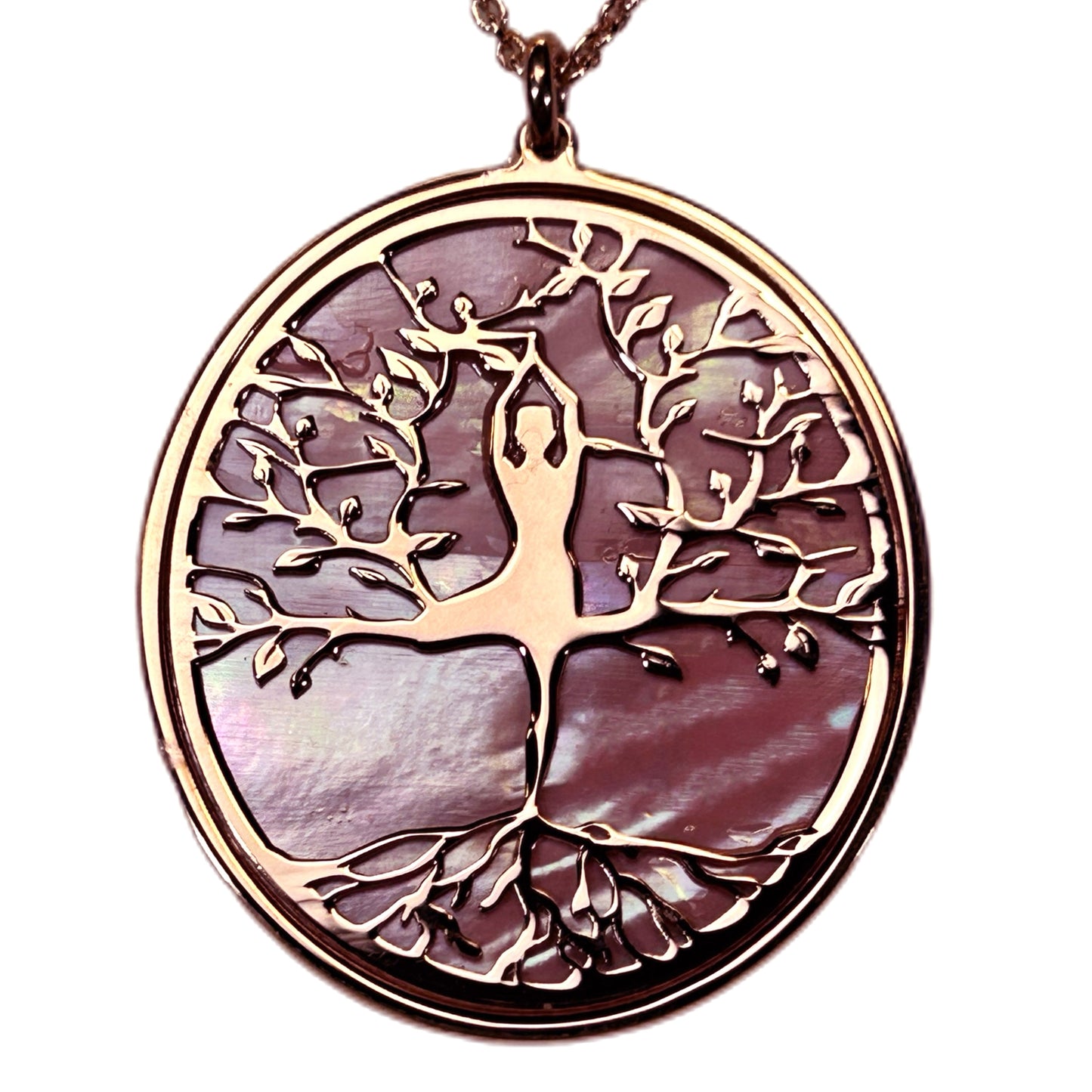 ALBERO DELLA VITA CON ASANA YOGA AL CENTRO, CIONDOLO CON SFONDO IN MADREPERLA NATURALE E CRISTALLI. GIOIELLO SPIRITUALE COMPOSTO DA PENDENTE E COLLANA, REGALO YOGA.