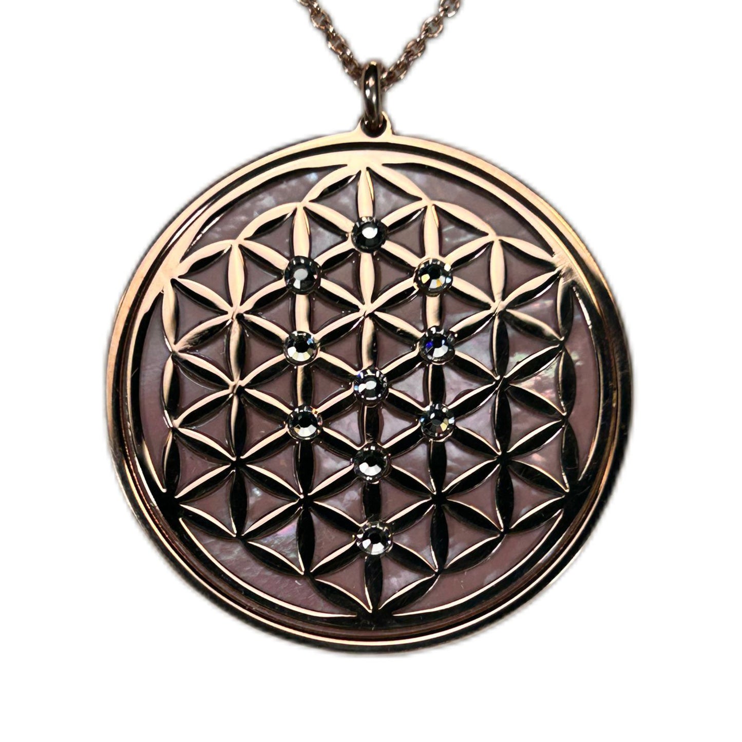 FIORE DELLA VITA, CIONDOLO CON SFONDO IN MADREPERLA NATURALE. GIOIELLO SPIRITUALE GEOMETRIE SACRE.