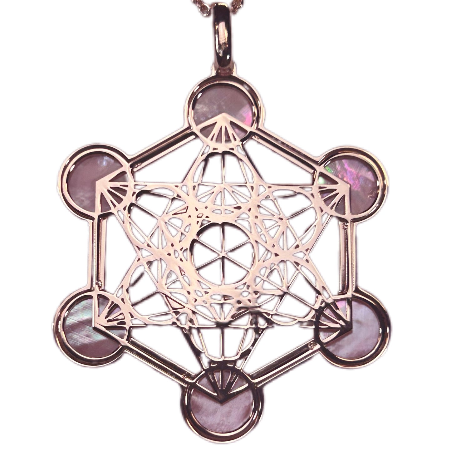 METATRON, CIONDOLO ESAGONALE TRAFORATO CON SFERE IN MADREPERLA NATURALE.