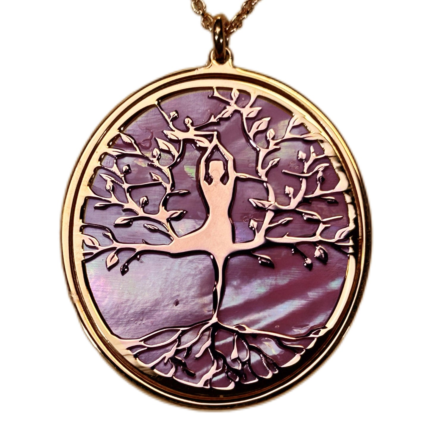 ALBERO DELLA VITA CON ASANA YOGA AL CENTRO, CIONDOLO CON SFONDO IN MADREPERLA NATURALE E CRISTALLI. GIOIELLO SPIRITUALE COMPOSTO DA PENDENTE E COLLANA, REGALO YOGA.