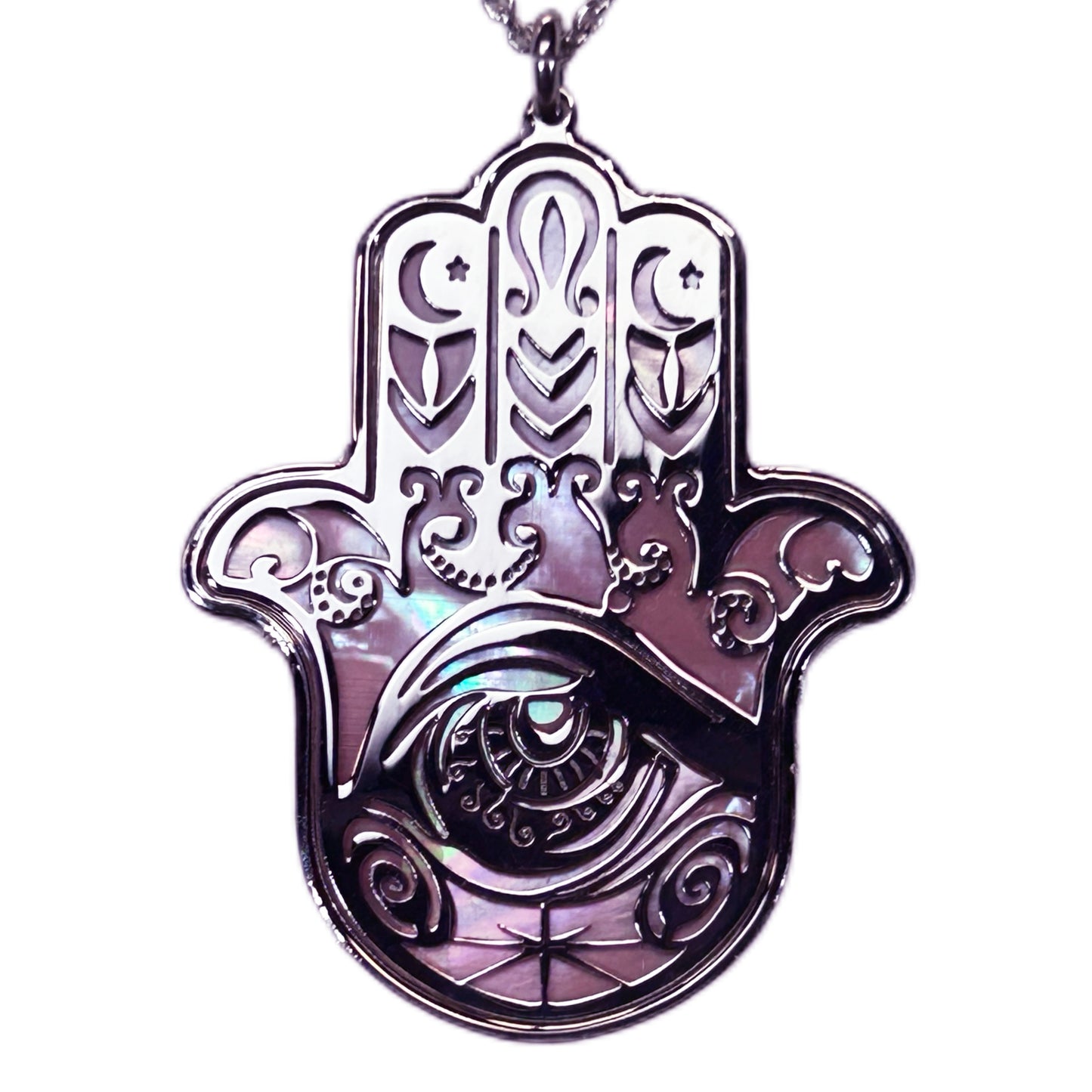 HAMSA, CIONDOLO MANO DI FATIMA O KHAMSA, CON MADREPERLA NATURALE