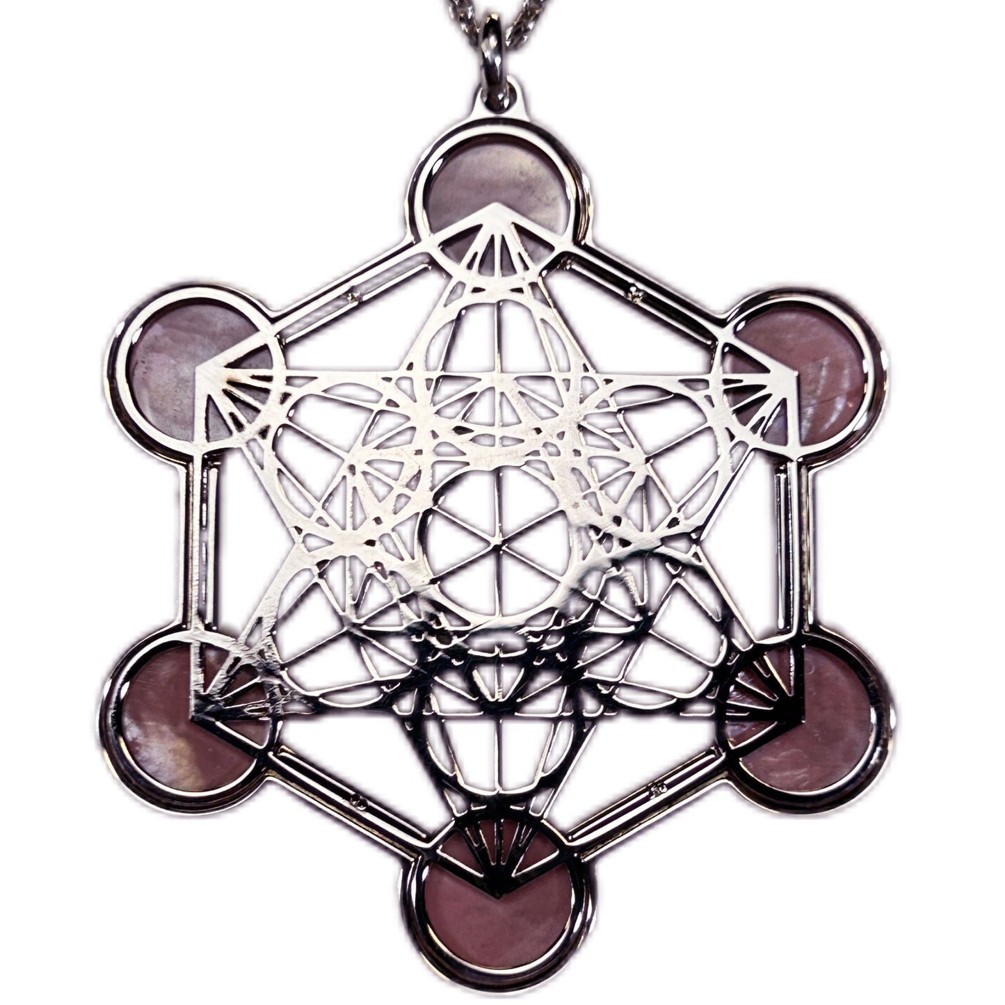 METATRON, CIONDOLO ESAGONALE TRAFORATO CON SFERE IN MADREPERLA NATURALE.