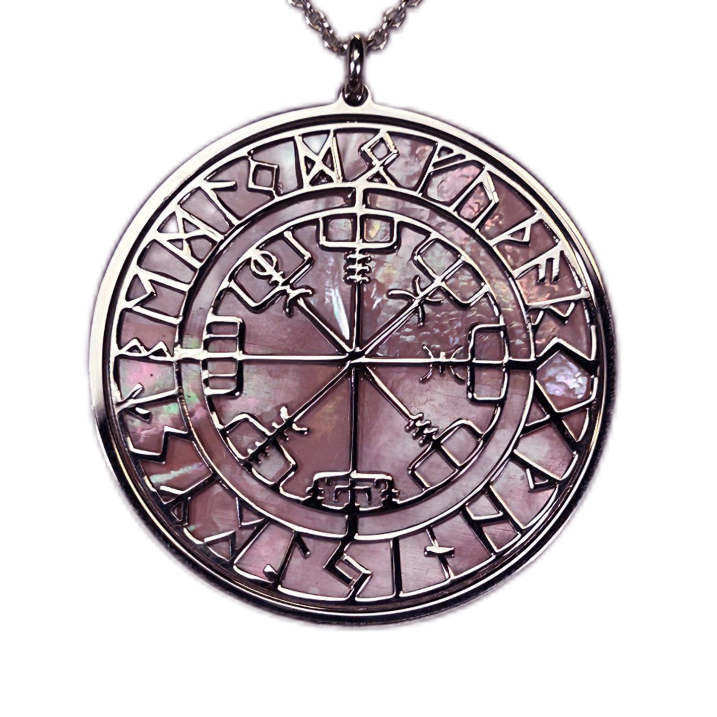 COMPASSO RUNICO O VEGVISIR, CIONDOLO CON SFONDO IN MADREPERLA NATURALE. GIOIELLO CELTICO, STILE GOTICO CON RUNE.