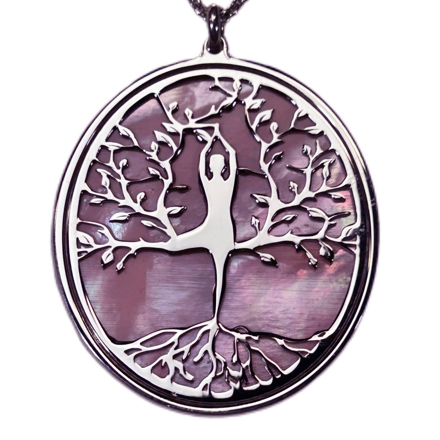 ALBERO DELLA VITA CON ASANA YOGA AL CENTRO, CIONDOLO CON SFONDO IN MADREPERLA NATURALE E CRISTALLI. GIOIELLO SPIRITUALE COMPOSTO DA PENDENTE E COLLANA, REGALO YOGA.
