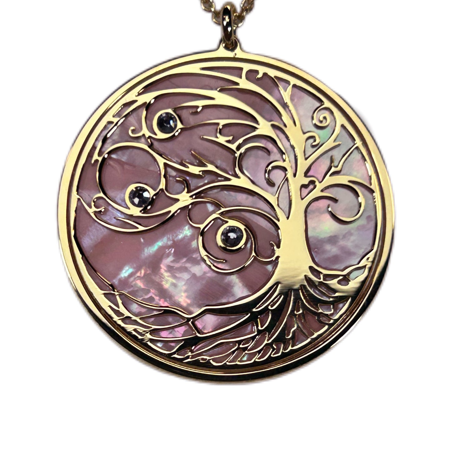 ALBERO DELLA VITA, CIONDOLO CON SFONDO IN MADREPERLA NATURALE E CRISTALLI. GIOIELLO SPIRITUALE COMPOSTO DA PENDENTE E COLLANA.