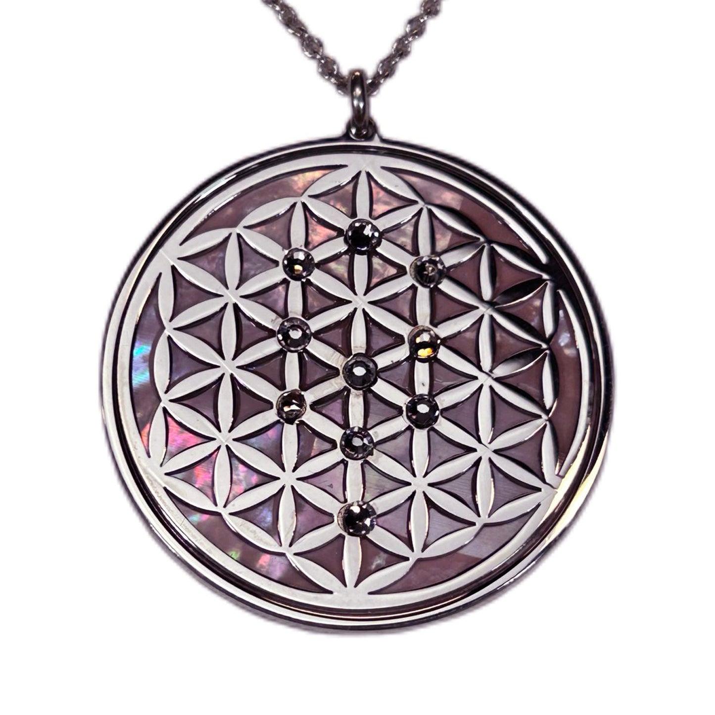 FIORE DELLA VITA, CIONDOLO CON SFONDO IN MADREPERLA NATURALE. GIOIELLO SPIRITUALE GEOMETRIE SACRE.