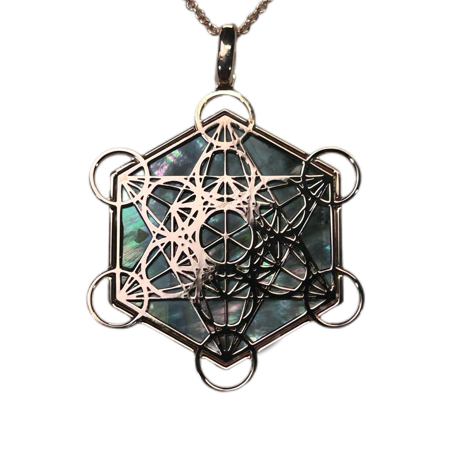 METATRON CIONDOLO ESAGONALE CON SFONDO MADREPERLA NATURALE