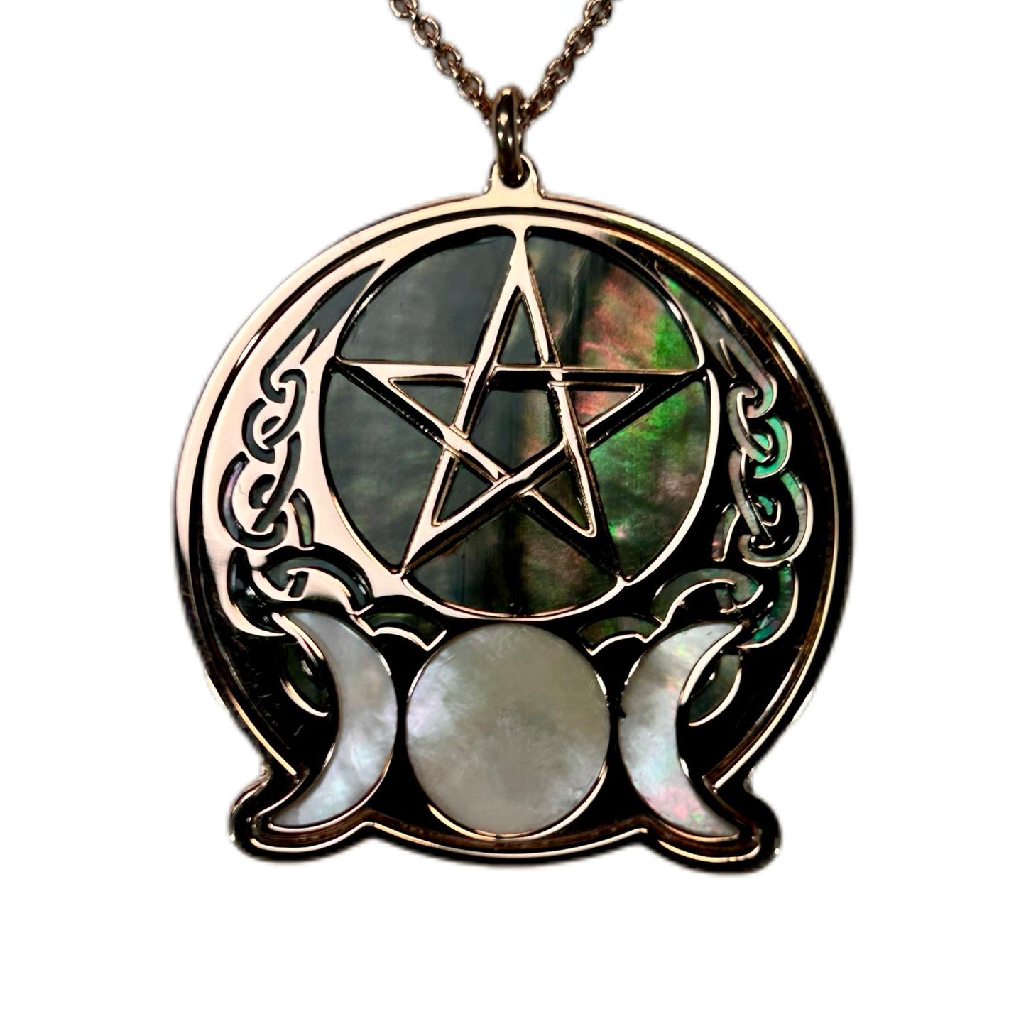 WICCA TRIQUETRA CON PENTACOLO, CIONDOLO CON MADREPERLA LUMINESCENTE.